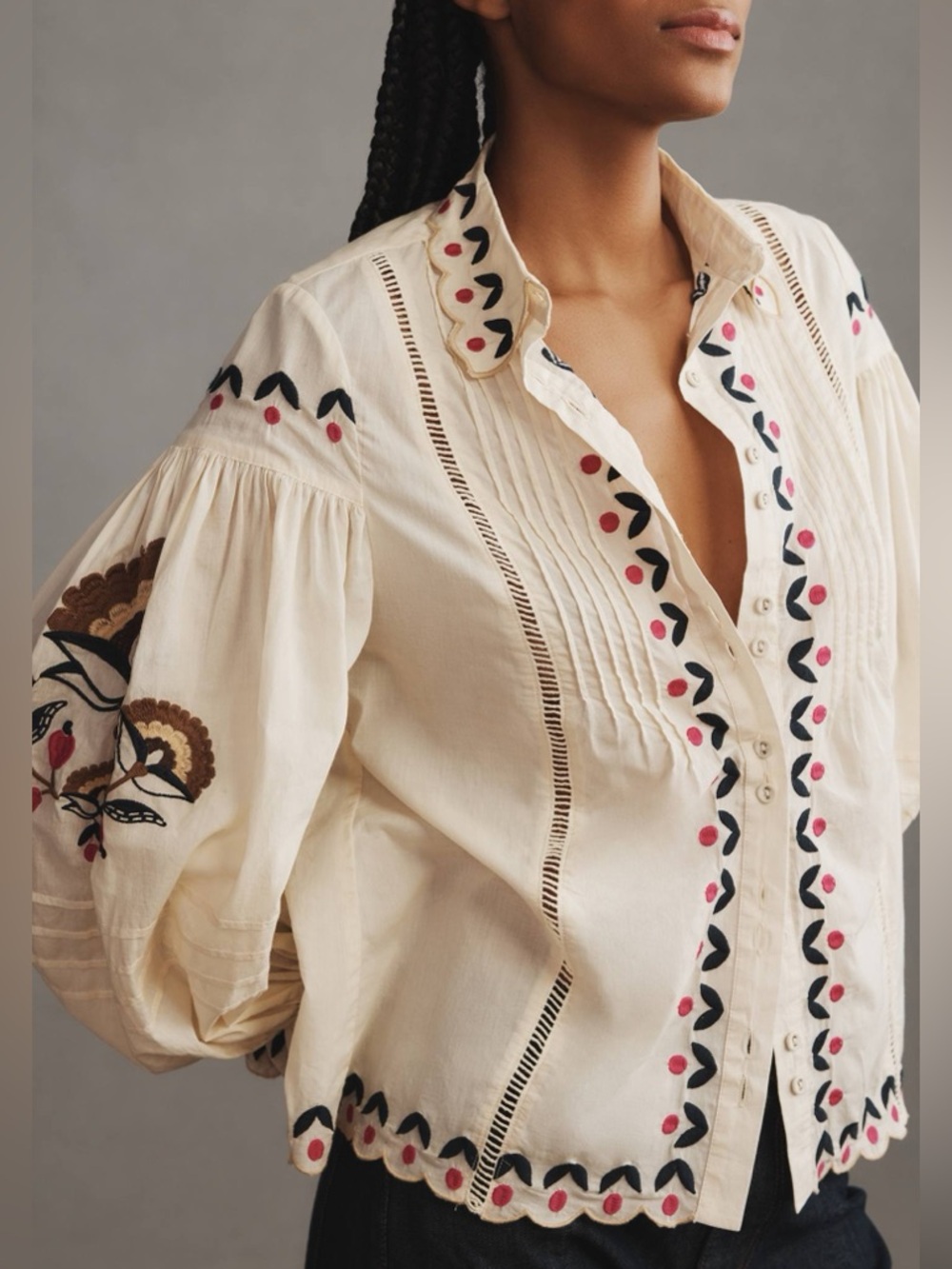 Farm Rio Palms Paradise Embroidered Cotton Shirt | Small